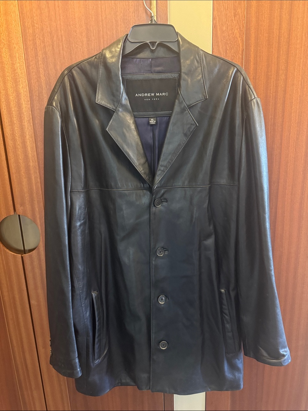 High—End Andrew Marc New York Black Leather Pea Coat with Button Front